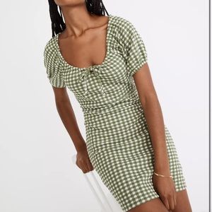 Jacquard Puff-Sleeve Mini Dress in Gingham Check